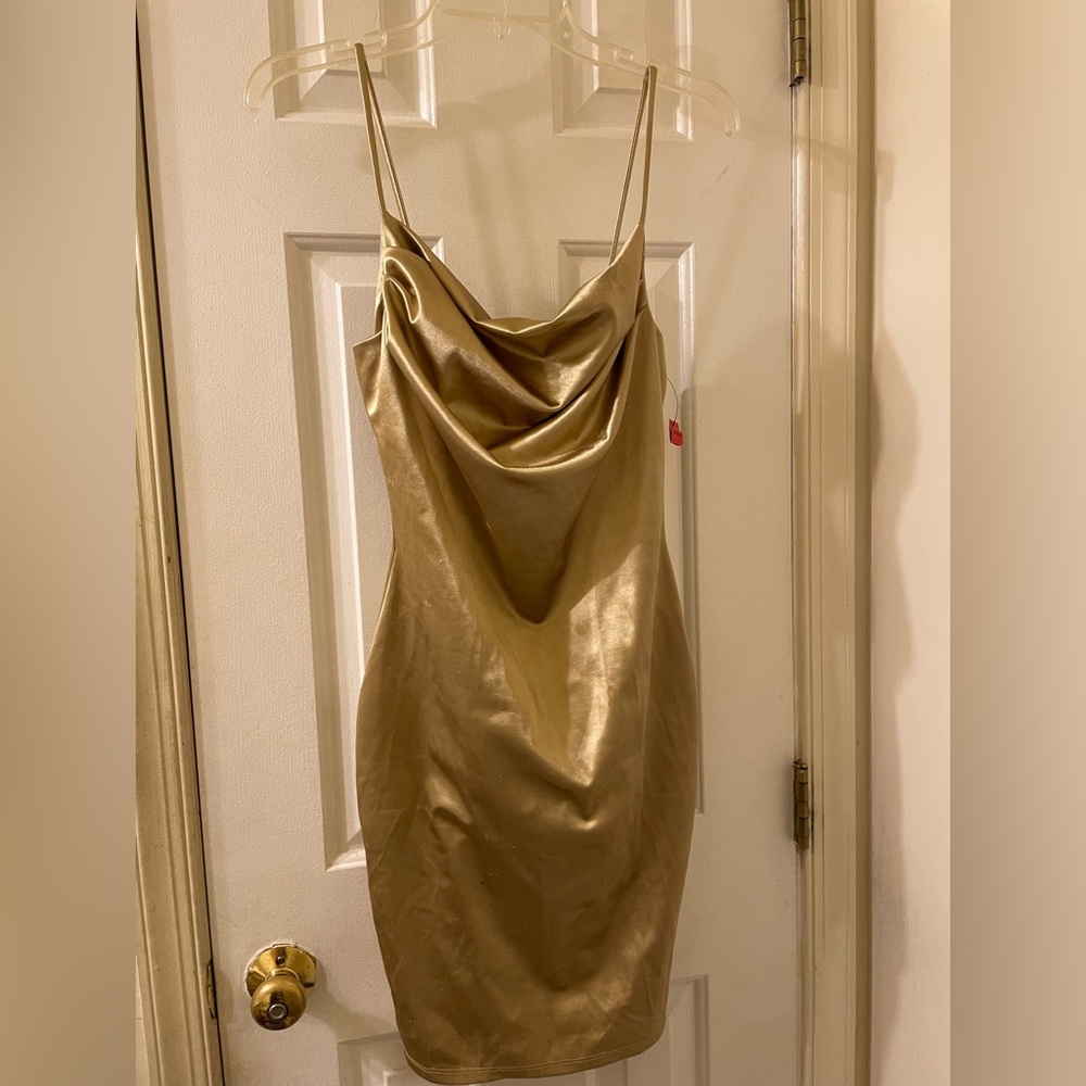 Gold silky spaghetti strap cocktail dress
